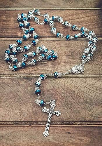 Nazareth Store Belas de cristal azul profundo Rosário colar católico Metal Caps Holy Mary Solo Medalha Medalha