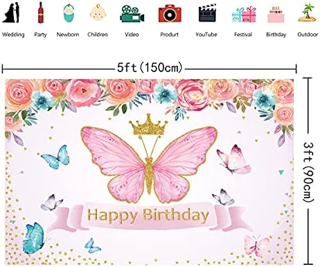Cenven Butterfly Birthday Birthday Caso -pano rosa rosa coroa de ouro floral feliz fotografia background