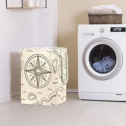 Deyya Map Compass Laundry Basket com alças dobráveis ​​cesto de roupa embutido com suportes destacáveis