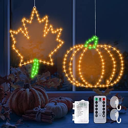 2 pacote 15,7 Decoração de outono Maple Leaf Pumpkin Decor Lights, Luzes de laranja Decoração de janela Bateria