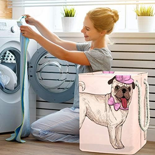 Indomer adorável cachorro pug com rosa Cap-01 Lavanderia grande cesto de roupas prejudiciais à prova d'água cesta de roupas para roupas de brinquedos, decoração de casa para banheiro do quarto