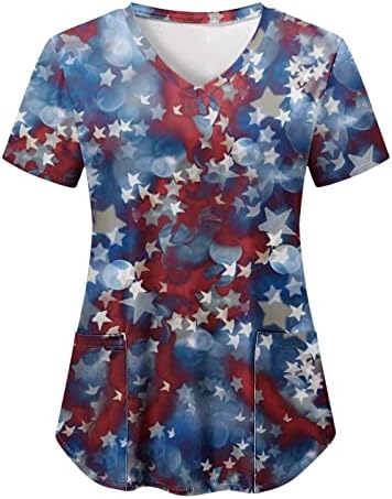 Camisas de bandeira americana para mulheres 4 de julho de verão de manga curta V camiseta com 2 bolsos Bloups