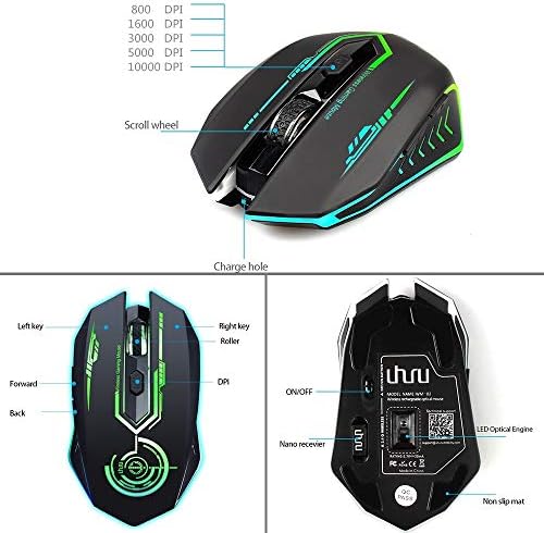Mouse de jogos sem fio Uhuru recarregável, até 10000dpi, 6 botões programáveis, 7 coloridos, 2,4g