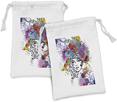 Conjunto de bolsas de tecido floral lunarable de 2, penteado de retrato de mulher com rosas florescentes papoilas
