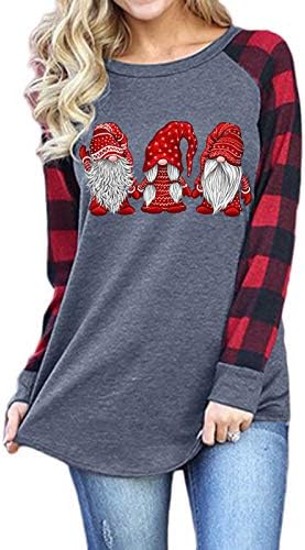 T-shirt feminina de Natal Cmofter Tops de moda O-juba-pescoço de manta longa com manga escandinava Gnome Print Blouse Casual Tops