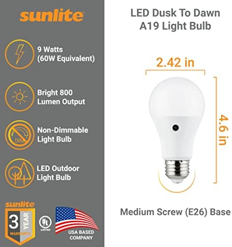 Sunlite 70319 levou o anoitecer ao amanhecer A19 lâmpada, 9 watts, 800 lúmens, base médio e26, sensor de fotocélulas