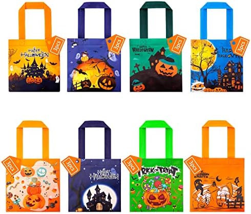 24 PCs Halloween Sacos não tecidos Flucores ou sacos de tratamento, 8 padrões de Halloween, sacolas de doces sacolas