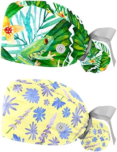 Flowers Frogs Bouffant Hat com gravatas e botões de fita, 2 pacotes Scrub Caps Mulheres cabelos longos, tampa