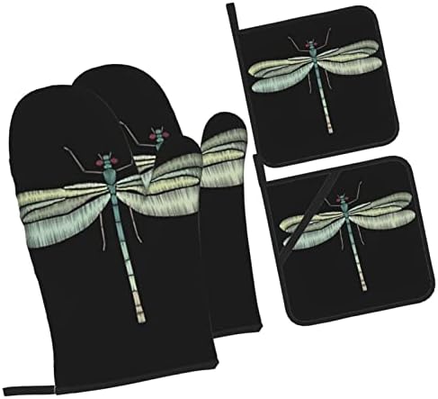 Dragonfly Black fork Mitts e Pot Seters, luvas de forno de cozinha e suportes de panela para cozinhar Bake and