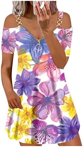 Vestidos de praia femininos de verão estampa floral fora de ombro vestido de manga curta zíper profundo