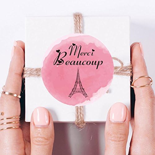 Magjuche Paris Obrigado adesivos, Merci Beaucoup Pink Girl Baby Charp ou festa de aniversário Favor de etiquetas, Torre Eiffel, 2 polegadas, Round, 40 pacote