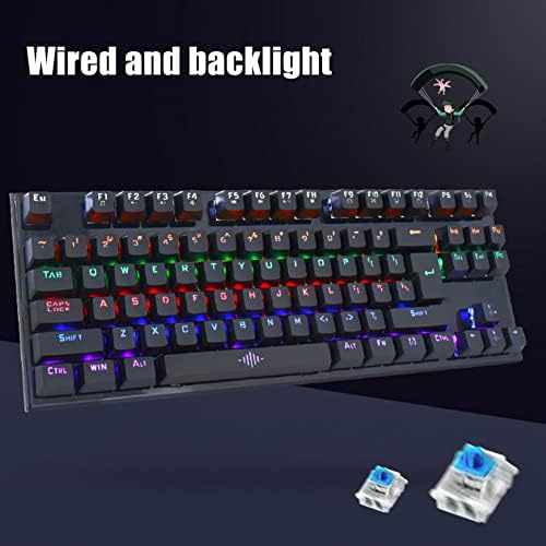Teclado de jogos mecânicos hEOYZOKI, teclado mecânico de chaves azul 87 com descanso de pulso, teclado de computador com fio ergonômico rgb colorido RGB