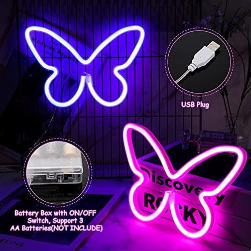 2 peças Butterfly Neon Sinais de luz LED de borboleta 3-AA Po bateria alimentada por bateria, USB, operação de neon