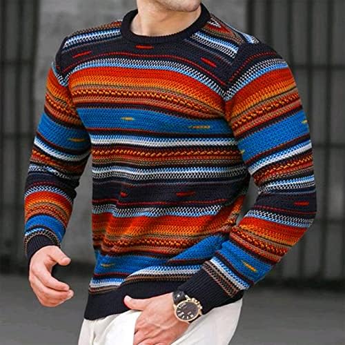 Sweater de malha de waffle, suéter masculino de suéter redondo solto de manga longa listra colorida blusas de fundo