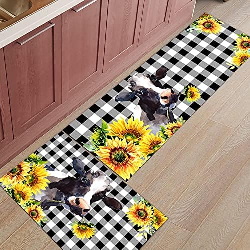 Decoração de beleza de 2 peças tapetes de cozinha de cozinha de cozinha de cozinha vaca e girassol em preto e branco