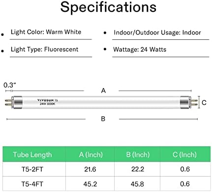 VIVOSUN T5 Lâmpadas de cultivo 2 pés, 24w 3000k HO Tubos fluorescentes Lâmpadas lâmpadas, lâmpada branca t5 quente para luminárias T5 de 22 polegadas, luzes de cultivo T5 para plantas internas, pacote de 5