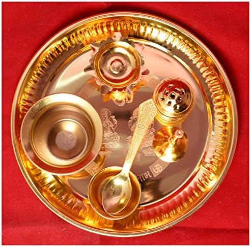 Pooja thali de aço banhado a ouro com sino de latão para presente de diwali