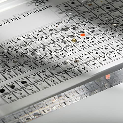 Tabela periódica com elementos reais no interior, exibição de tabela periódica acrílica com elementos de
