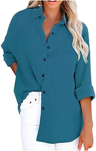Camisas de linho de algodão feminino botão casual de manga longa para baixo de lapela blusas tops de cor