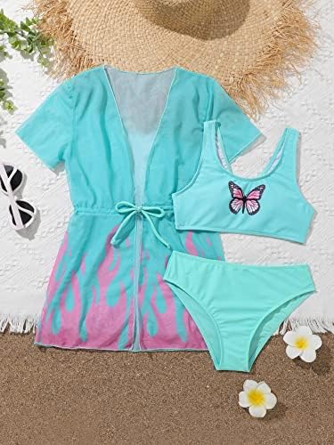 Shenhe Girl's 3 peças Print Butterfly Print High Biquini Bikini Swimsuit com Kimono Cobra