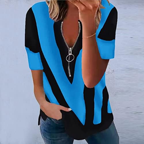 Camisetas com zíper feminino Bloco colorido V pescoço de manga curta Casual listra solta Tops
