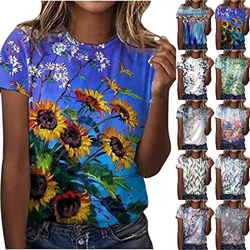 Tops de exercícios para mulheres, flores vintage Flores gráficas de manga curta Camiseta casual Fit Fit Crewneck Blushs de verão fofos