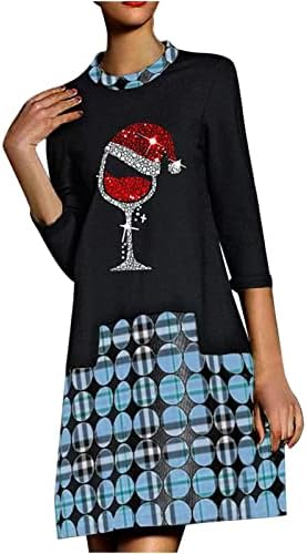 Vestido de túnica de manga longa de Ruziyoog para mulheres de Natal, vestido gráfico de vidro de vidro tinto, vestidos de cor solta