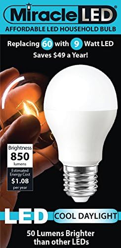 Miracle LED 603011 Bulbo doméstico Acessível de 9 watts, 850 lúmens, luz de reposição A19, branco frio