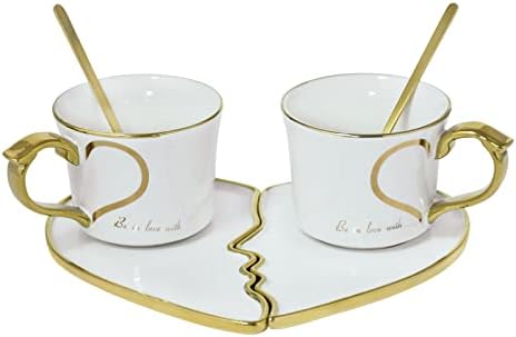 Koythin Caneca de café cerâmica de 2 peças, xícara fofa criativa com pires de coração, xícara de