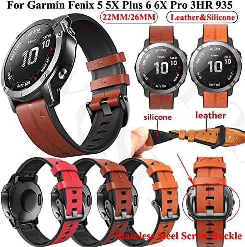VBWVA Sport Leather Silicone Watch Band Strap for Garmin Fenix ​​7x 7 6x 6 Pro 5x 5 mais 3HR Easy Fit