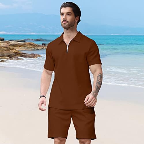 Aulemen Mens 2 peças Zip Ruito curto Camisa de pólo e shorts de manga curta Conjunta roupas de verão