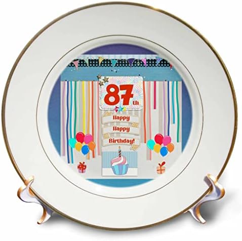 Imagem 3drose de 87ª etiqueta de aniversário, cupcake, vela, balões, presente, streamers - placas