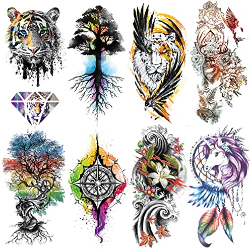 Oottatati 8 folhas de tatuagem temporária de tatuagem de braço impermeável, colorido tigre árvore