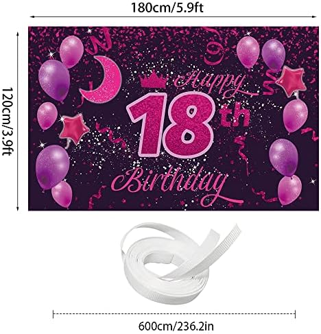 Rosa Púrpura Feliz Banner de Baixas de 18º Aniversário Feliz Festas de Festa de Aniversário de 18 anos