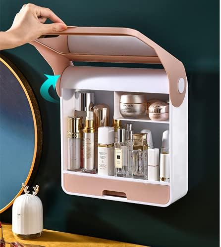 Banheiro organizador à prova d'água e armazenamento com espelho e tampa, rosa Cabinete de montagem de parede