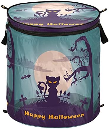 Witch Black Cat Happy Halloween Pop Up Laundry Horse com tampa de cesta de armazenamento dobrável Bolsa de roupa dobrável para camping piqueniques banheiro