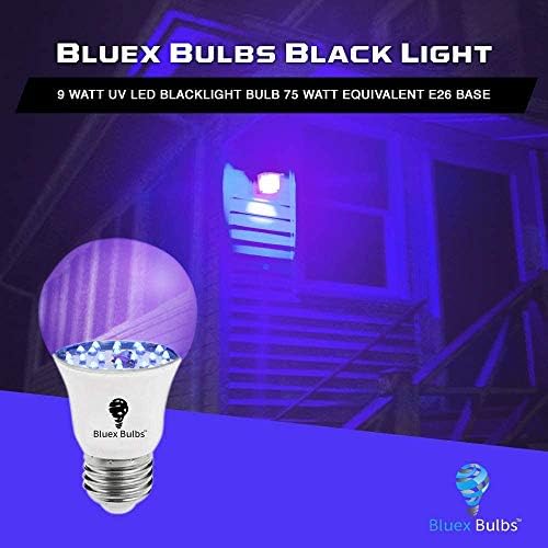 Bluex Bulbos 2 pacote led lâmpada preta, 9W A19 E26 Blacklight Bulb Nível 385-400nm, tinta corporal, brilho na lâmpada