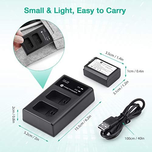 FirstPower NP-FW50 Battery 2-Pack e USB Dual Charger Compatível com a Sony A6000 A6300 A6400 A6500 A7 A7II