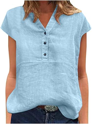 Blusa de linho de henley vneck para feminino no verão outono de manga curta casual blusses básicas Button
