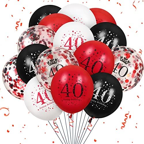 40º Balões de Aniversário de Latex, 16pcs Red Black Feliz 40º aniversário Balões, Decorações de festas de 40