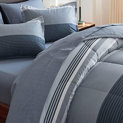 Uozzi Bedding algodão quadril de algodão conjunto king tamanho 7 peças cama em uma bolsa com listras cinza