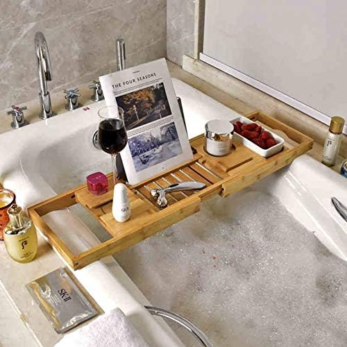 Bamboo Bath Bridge Rack Caddy prateleira extensível bandeja de banheira com slots de telefone para tablet,