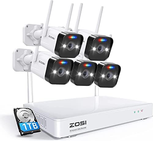 Zosi 2K Spotlight Wireless Security System com câmeras de vigilância de wifi externo de 5pk 3MP, áudio de duas vias, 8CH 3MP CCTV NVR com disco rígido de 1 TB, visão noturna colorida, para casa 24/7 recorde