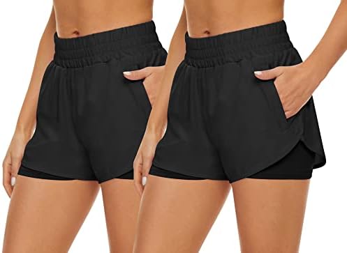HKJIEVSHOP 2 Pacote de shorts atléticos para mulheres, shorts de corrida rápida seca com bolsos de ginástica de