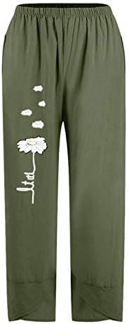 Calça de linho de algodão Capri Pants Womens Summer Casual Capri Pants com bolsos Alta cintura calça de praia