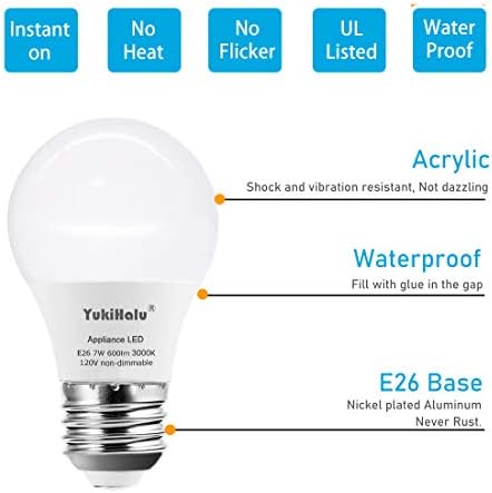 Yukihalu, lâmpada de eletrodomésticos A15, 60W equivalente para alcance da lâmpada/luz do ventilador da lâmpada/teto,