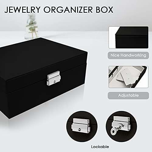 Organizador de jóias xmjxbox, 2 camadas de caixas de jóias pretas para mulheres meninas, estojo de armazenamento