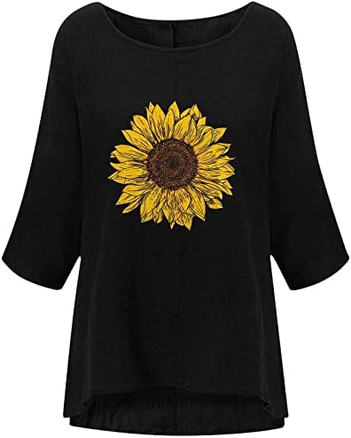 Camisetas pretas para feminino 3/4 de manga de girassol em girassol e túnica de túnica de túnica floral
