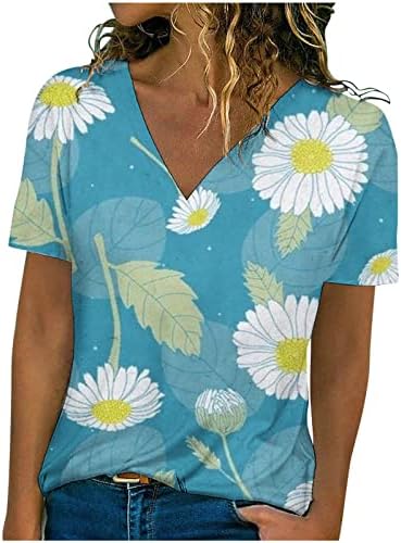 Tops de verão para mulheres, margarida feminina impressa camiseta casual decote em vshirt curto camiseta