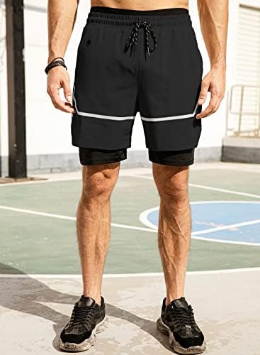 Jmierr Men's 2 em 1 shorts de corrida com bolso com zíper e listras reflexivas, shorts de ginástica de exercícios
